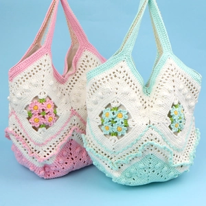 Handmade crochet floral shoulder bags in pink and mint green for summer beach vacations