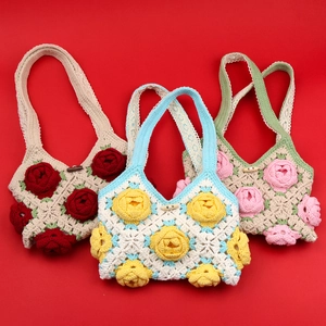 Sac À Main Crochet Fait Main Pour Femmes Fleur Camélia Stéréoscopique Sac À Épaule Tricoté Fil Coton Cabas Vintage Ajouré