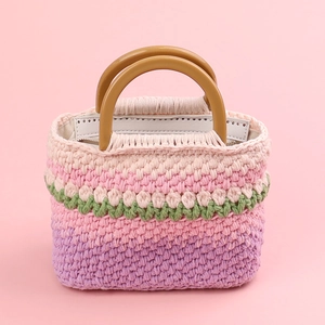 Sac À Main Crochet Fait Main Fil De Coton Fleur De Tulipe Rayures Colorées Style Bohème Anse Ronde Mini Sac Pour Femmes