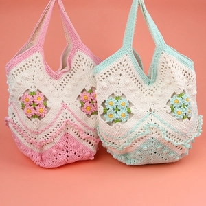 Handmade Crochet Tote Bag Cotton Yarn Daisy Floral Knit Handbag Summer Beach Pastoral Style Elegant Gift For Women