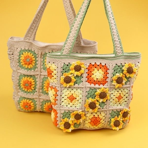 Handmade Sunflower Crochet Tote Bag Knitted Floral Shoulder Bag Vintage Boho Casual Handbag For Women