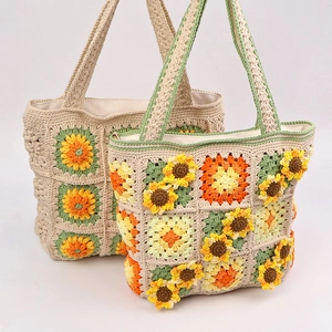 Handmade crochet sunflower shoulder bags with vintage 3D floral knit design and cotton yarn