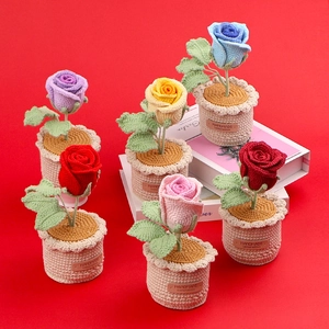 Crochet Rose Potted Plant Handmade Knitted Yarn Flower Ornament Home Table Decor Gift For Girlfriend