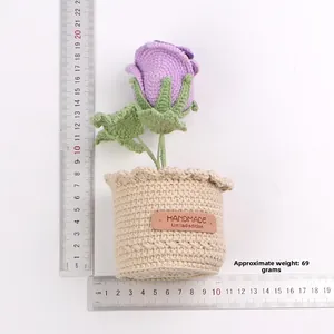 Handmade crochet purple rose plant in pot with height measurement and weight details