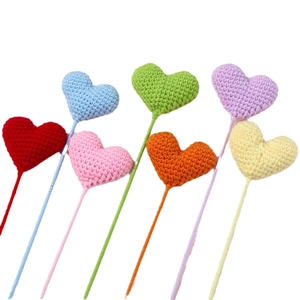 Set of 7 colorful handmade crochet heart picks for DIY bouquets and gift decoration