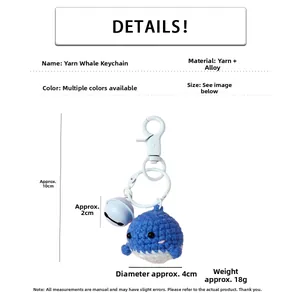 Detailed size parameters of the handmade blue crochet whale keychain with bell and alloy clip