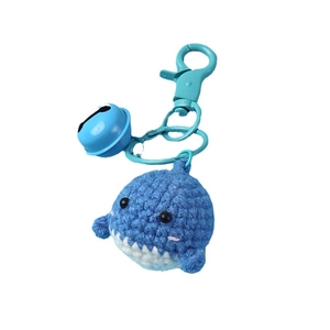 Handmade blue crochet whale keychain with matching metal bell and lobster clasp hook