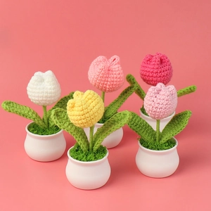 Handmade Crochet Tulip Potted Plant Yarn Knitted Simulation Flower Ornament For Home Office Desk Aesthetic Decoration Gift