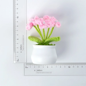 Detailed measurement of handmade crochet pink flower pot with pearls 10.5cm height