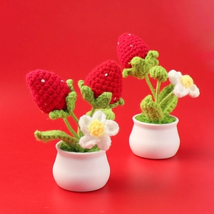 Handmade crochet double strawberry potted plant ornament with white ceramic base