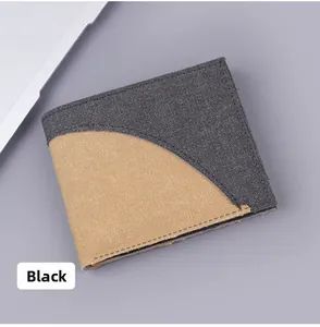 Close-up of canvas men's short wallet showing stitching detail and grey-khaki contrast