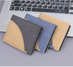 Detail view of denim canvas wallets showing durable fabric and contrast patchwork design