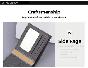 Detail of charcoal denim wallet showing ID window, card slots, and smooth metal zipper