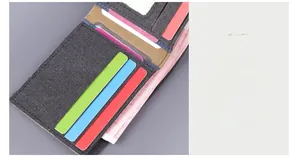 Detailed interior of denim wallet featuring multi-colored card slots and ID window