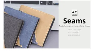 Detail showing high-quality stitching on denim and canvas wallets in multiple colors