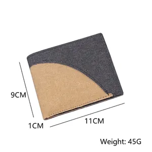 Men's denim canvas bifold wallet with contrast brown trim and 11x9cm dimensions