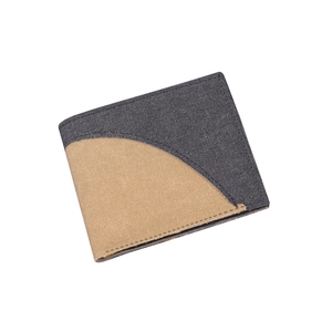 Minimalist bifold denim wallet for men with gray and khaki canvas color-block design