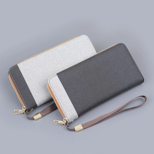 Men's large canvas clutch wallet with zipper and wristlet in grey patchwork design