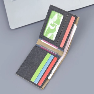Khaki canvas bifold wallet for men featuring multi-card slots and an ID window
