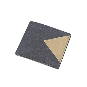 Men's bifold canvas wallet in dark grey and khaki patchwork with 9 card slots