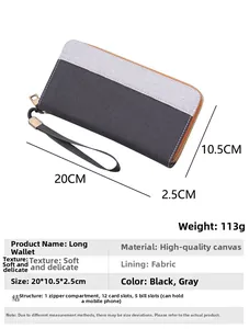 Detailed view of canvas long wallet features with 12 card slots and zippered pocket