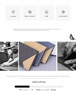 Detail of durable canvas and leather patchwork wallet with reinforced stitching