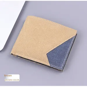Detail of bifold canvas wallet showing brown and blue patchwork with precision stitching