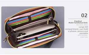 Detail of multi-functional long canvas wallet with card slots and a phone compartment