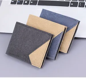 Three men's canvas wallets in two-tone colors with high-quality visible stitching
