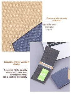 Detail of canvas bifold wallet with multiple card slots and clear ID window view