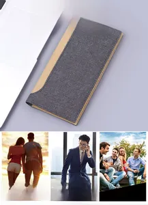 Detail of long canvas wallet showing gray khaki stitching and lifestyle scenarios