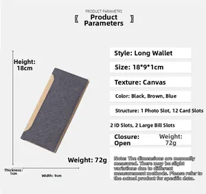 Slim canvas wallet specifications showing 18x9x1cm dimensions and 12 card slots detail