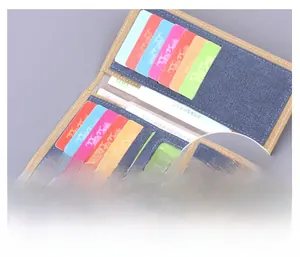 Detail view of denim wallet interior with multiple card slots and blue fabric texture