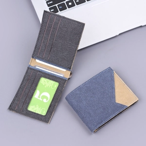 Slim canvas men's bifold wallet with 9 card slots and tri-color denim patchwork design