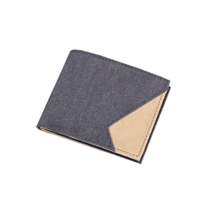 Short denim canvas bi-fold men's wallet with grey charcoal and khaki patchwork design