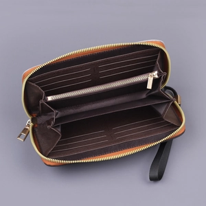 Men's canvas long zipper wallet with orange trim, multi-card slots and wrist strap