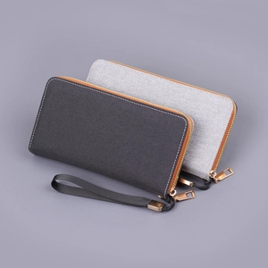 Men's canvas long wallet hand clutch bag with wrist strap in grey and dark grey tones
