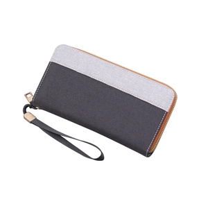 Men's grey canvas clutch bag with dual-tone fabric texture and secure wrist strap