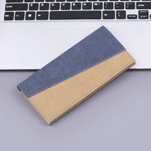 Herren Langes Canvas Portemonnaie Schlank Bifold Kartenhalter Multi Slots Patchwork Denim Stoff Minimalistisch