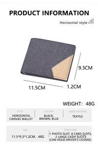 Detailed specs of denim canvas wallet showing 11.5x9.3x1.2cm size and 9 card slots
