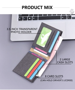 Detailed view showing 8 card slots, 2 cash layers and a photo ID window in denim wallet