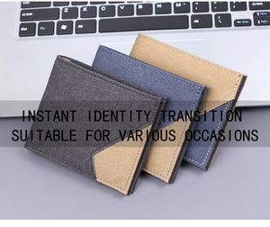 Compact canvas men's wallets in grey, navy, and khaki colors shown on a laptop