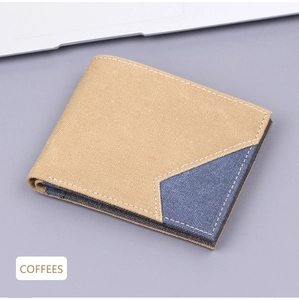 Detail of khaki denim wallet with blue patchwork and white contrast stitching