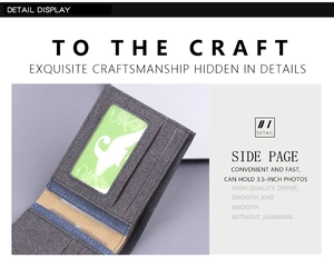 Detail view of denim wallet interior showing card slots and transparent photo window