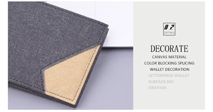 Detail of grey canvas wallet featuring contrast brown triangle stitching and fine needlework
