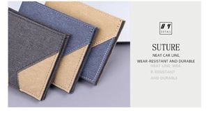 Detail of durable canvas wallets showing neat car line stitching and textile texture