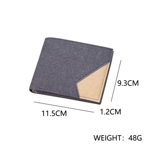 Slim grey-blue canvas bifold men's wallet with stylish beige triangular patchwork design