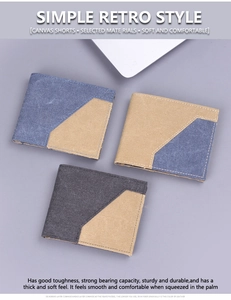 Flat lay of vintage canvas wallets in blue, brown and grey with contrast stitching