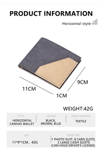 Detailed specs of canvas wallet with dimensions 11x9x1cm featuring eight card slots