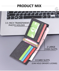 Detail view of canvas bi-fold wallet with 8 card slots and transparent photo window